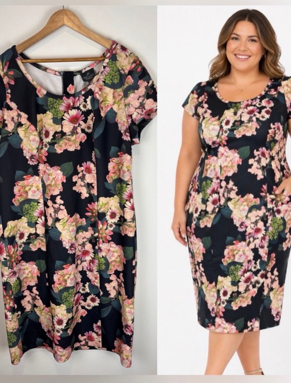 Adrianna Papell Dress Sz 14W Floral Sheath Black Pink Midi Zipper Back Event